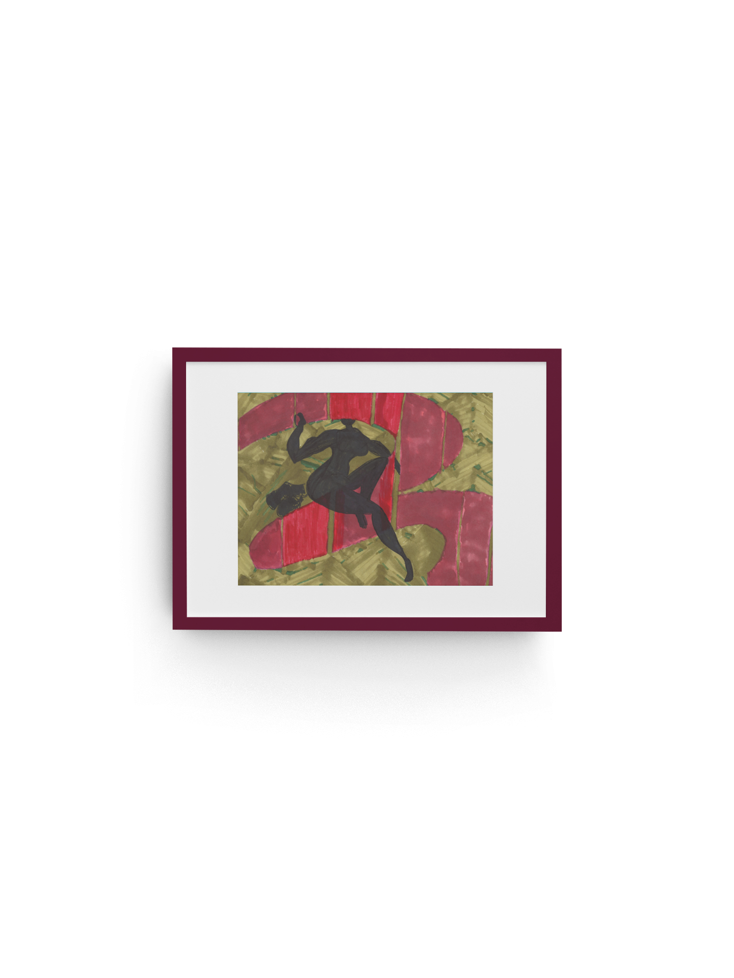 Painting of a black cat lying on a red spiral staircase with a greenish background.