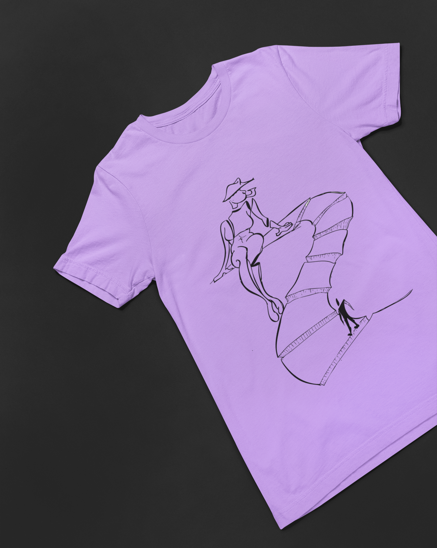 Lavender t-shirt with a printed line art illustration of a woman sitting on a high heel shoe, wearing a wide-brimmed hat and sunglasses, against a black background.