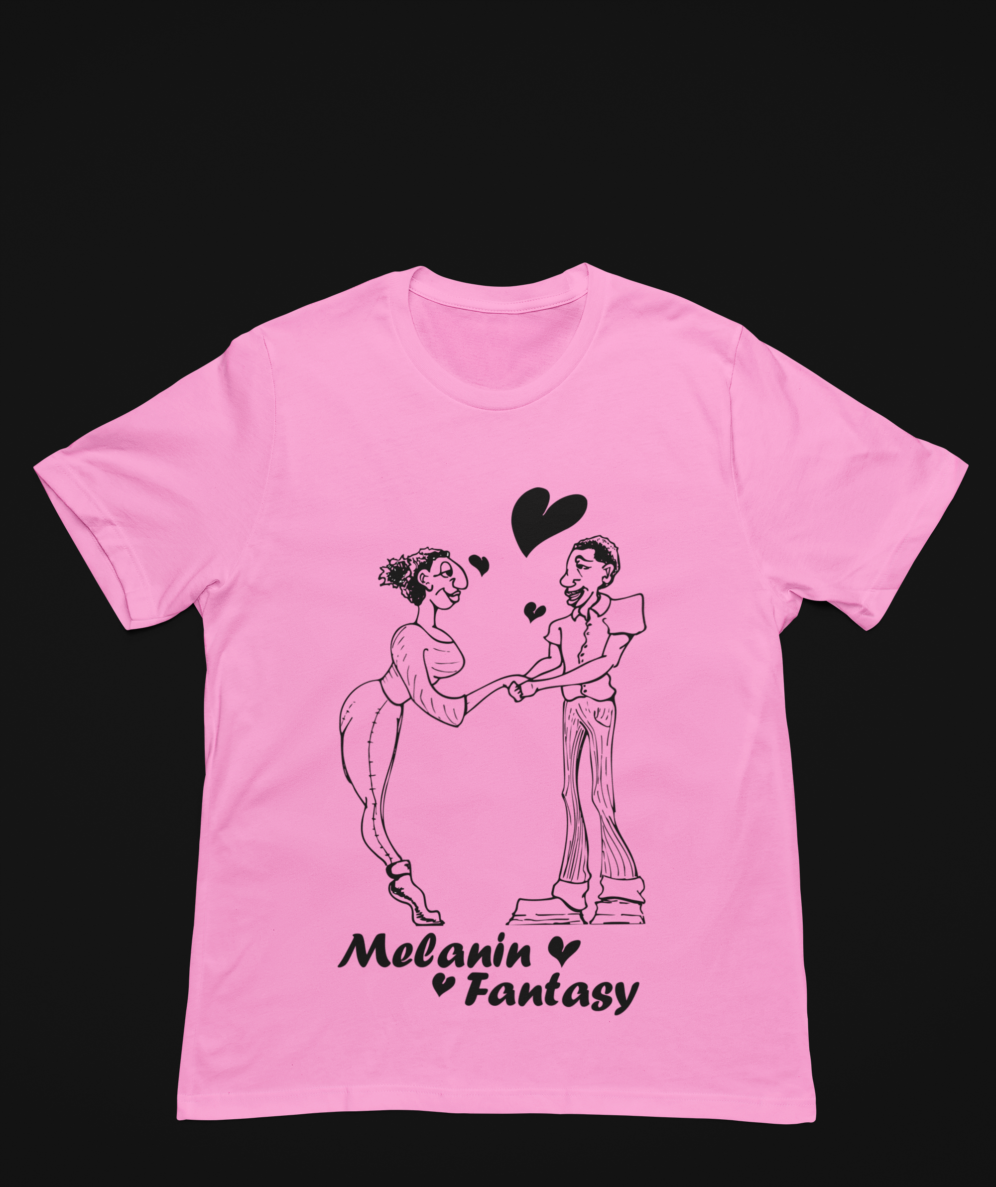 Pink T-shirt with a cartoon drawing of a man and a woman holding hands, hearts above them, and the words 'Melanin ♥ Fantasy' printed below.