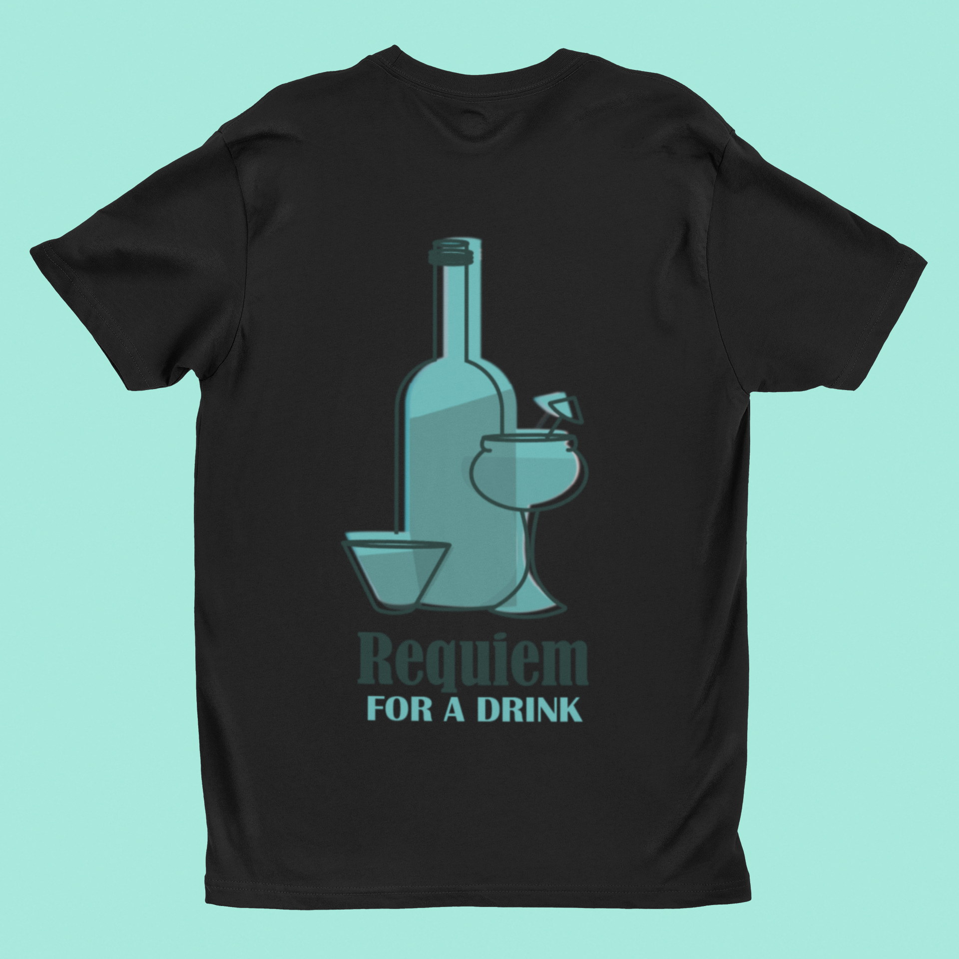 Black T-shirt with a graphic of laboratory glassware and the phrase "Requiem for a Drink" on a light gradient background.