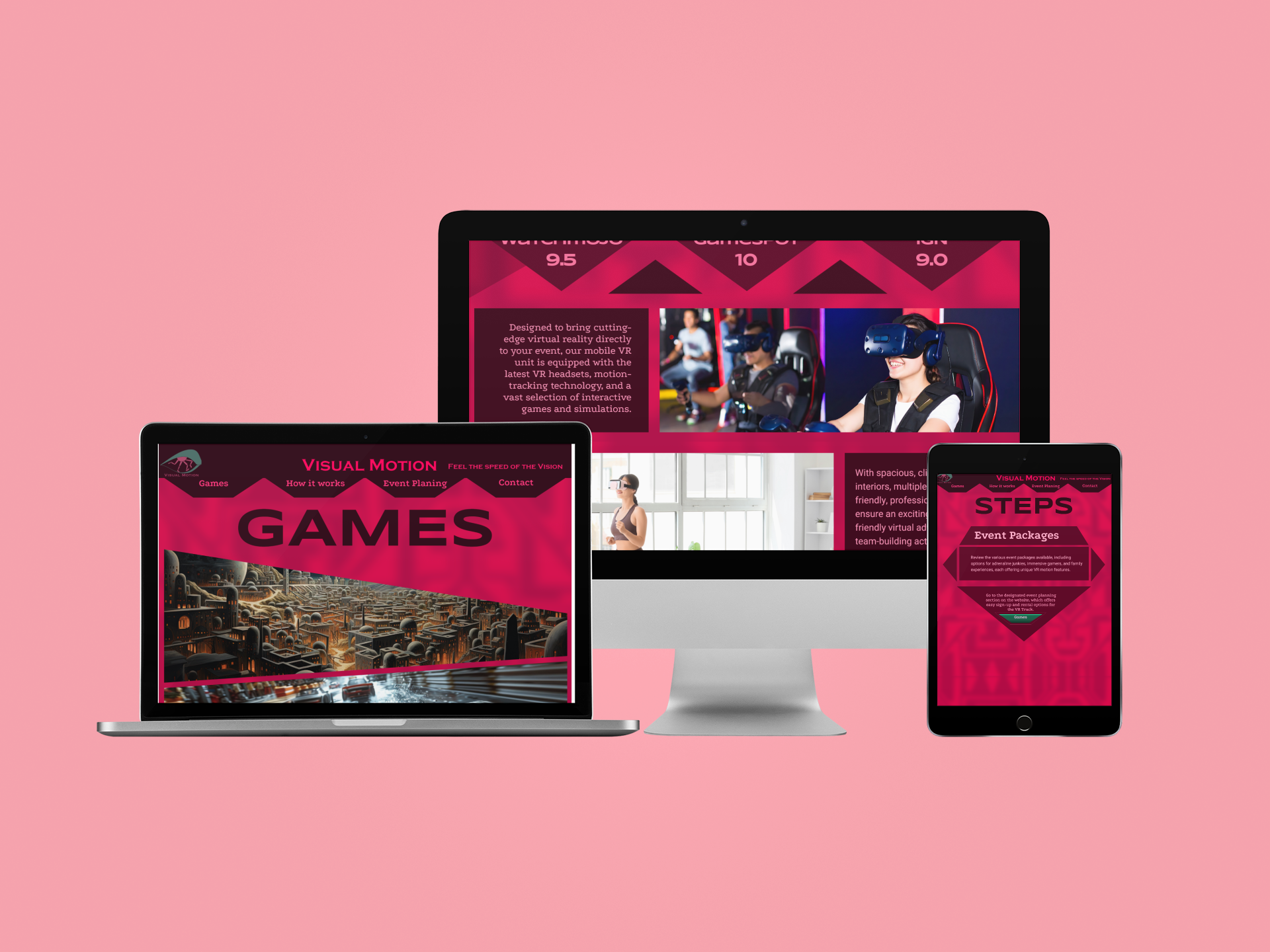 Multiple electronic devices displaying a website about virtual reality games, set against a pink background.