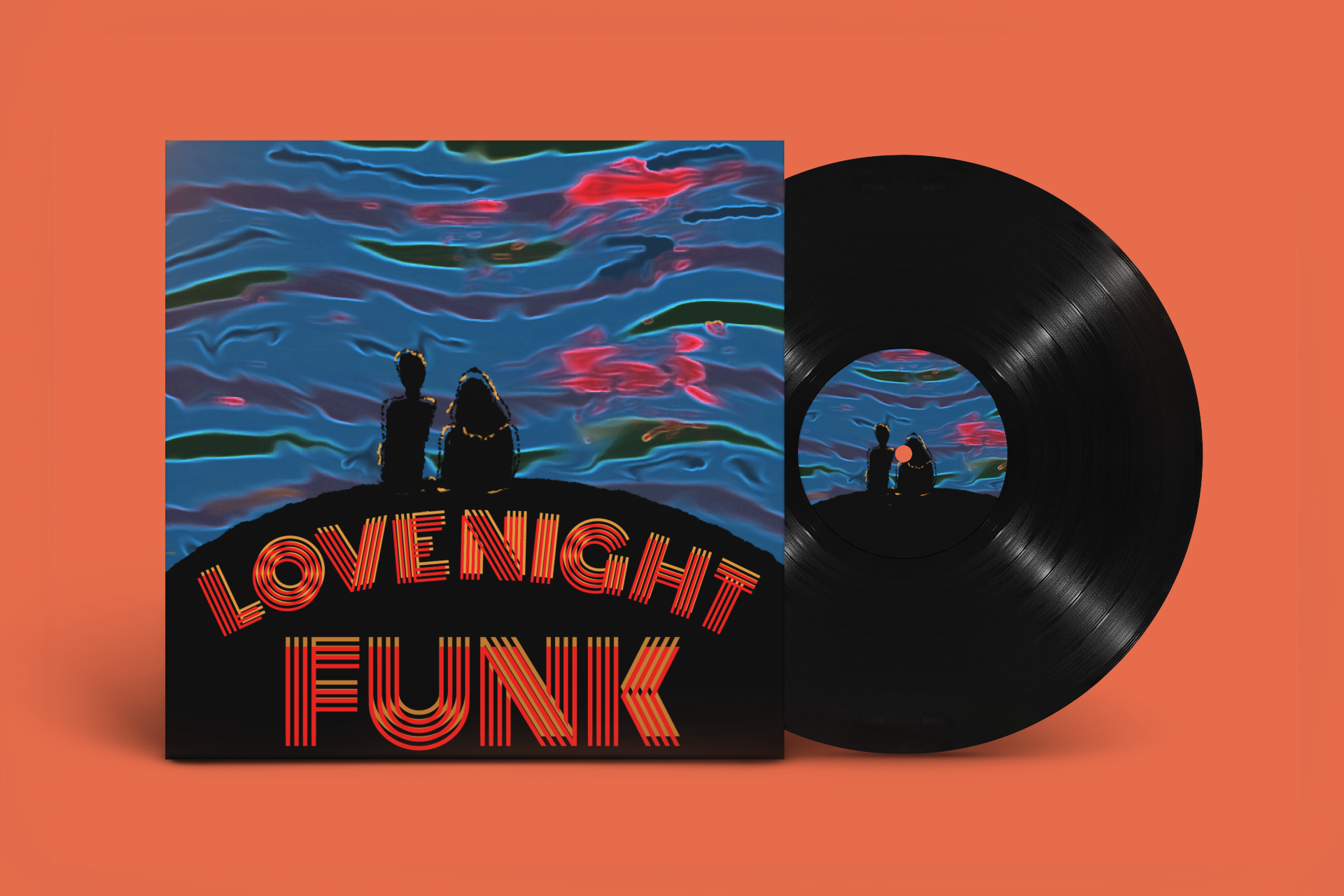 Album cover for 'Loving the Elastic' showing two silhouetted figures sitting on a hill against a colorful, abstract water reflection background, with a black vinyl record partially visible behind the cover.