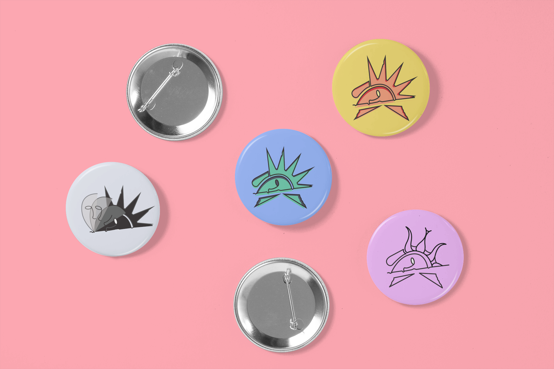 Several colorful buttons with a stylized sun design, arranged on a pink background. Some buttons are showing the front with the sun design, while others are showing the back with pin fasteners.