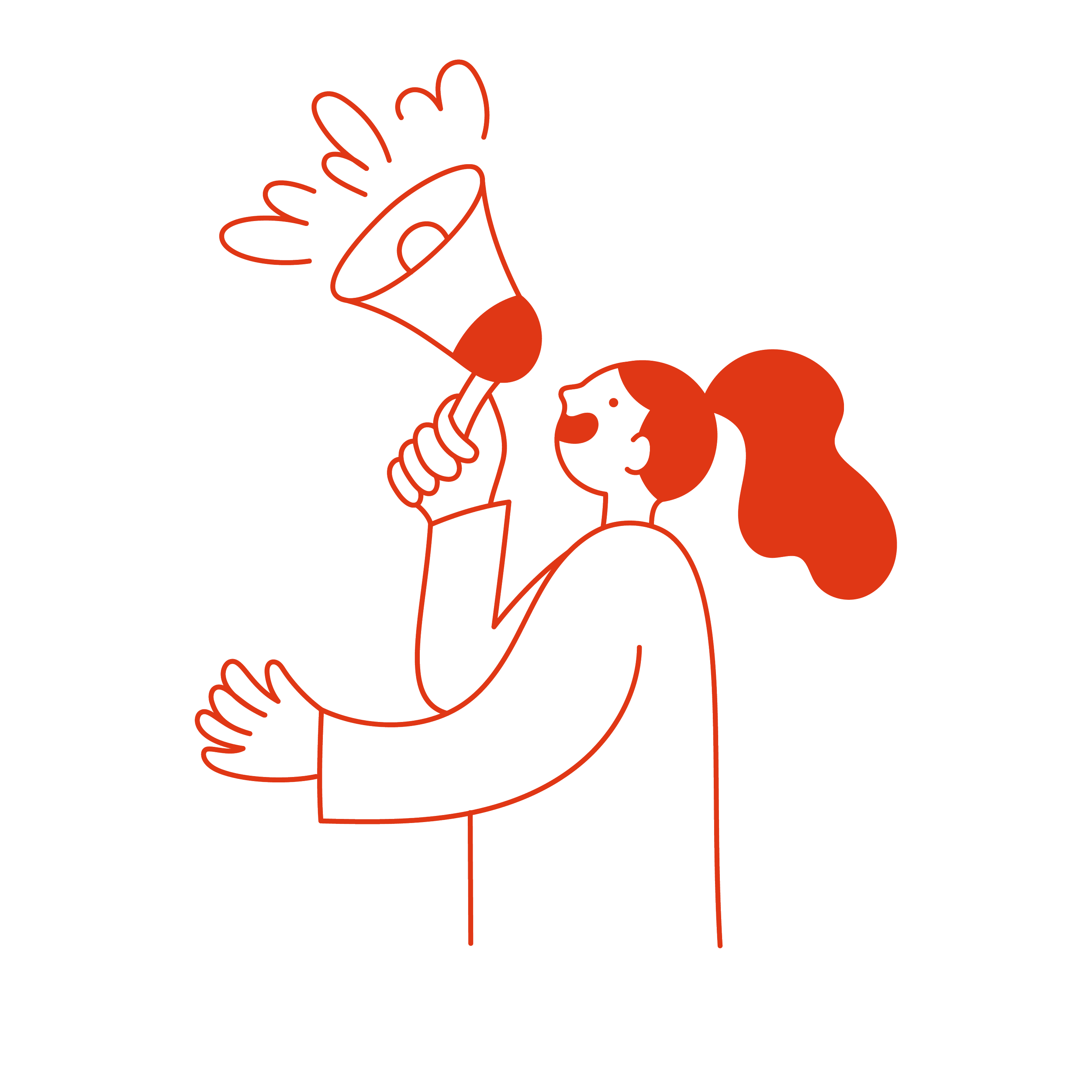 Line drawing of a woman with a ponytail holding a megaphone close to her mouth, looking upward and smiling.