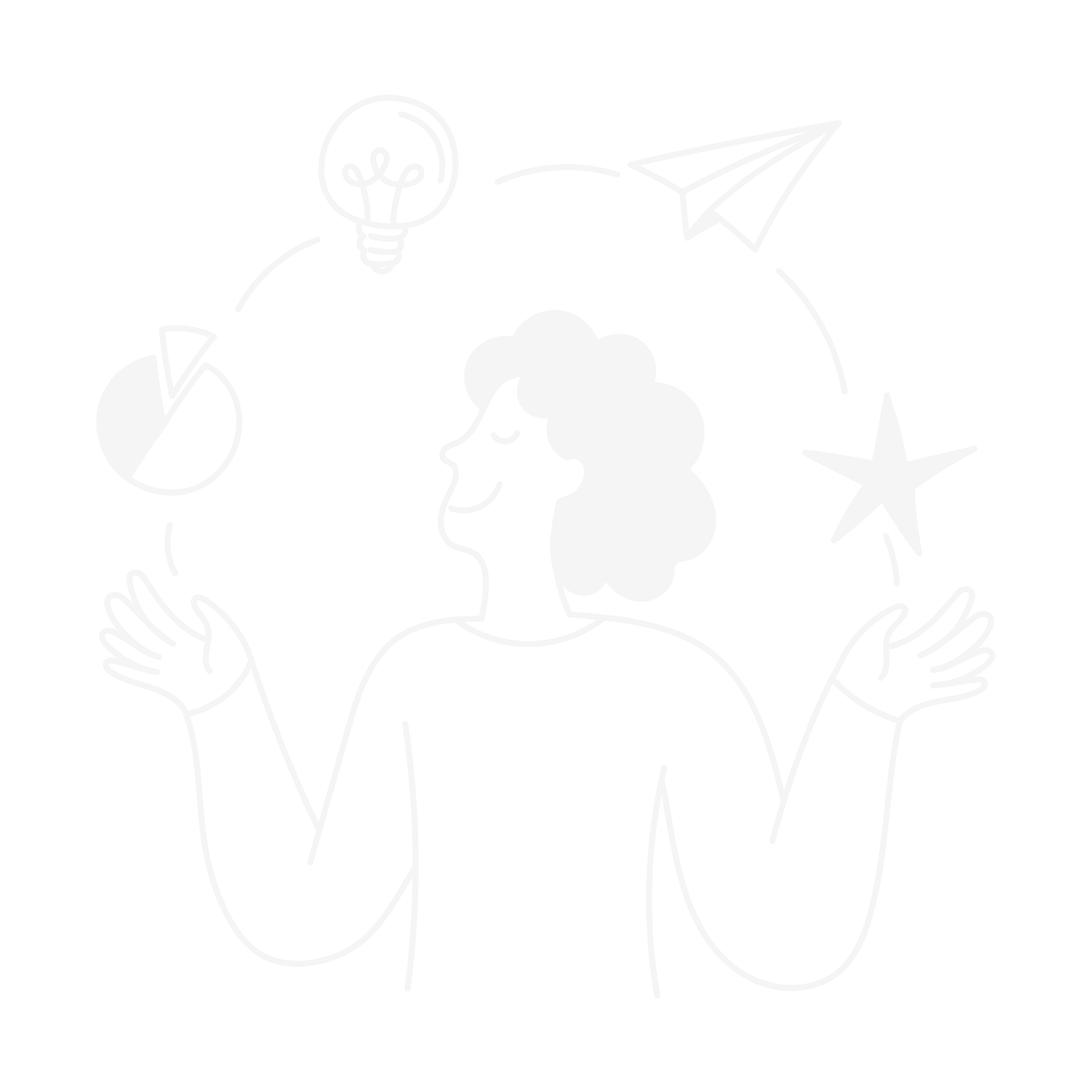 A sketch of a person with curly hair smiling with their eyes closed, surrounded by icons of a light bulb, paper airplane, star, and pie chart, all drawn in white on a black background.
