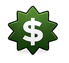 Green badge with a white dollar sign in the center