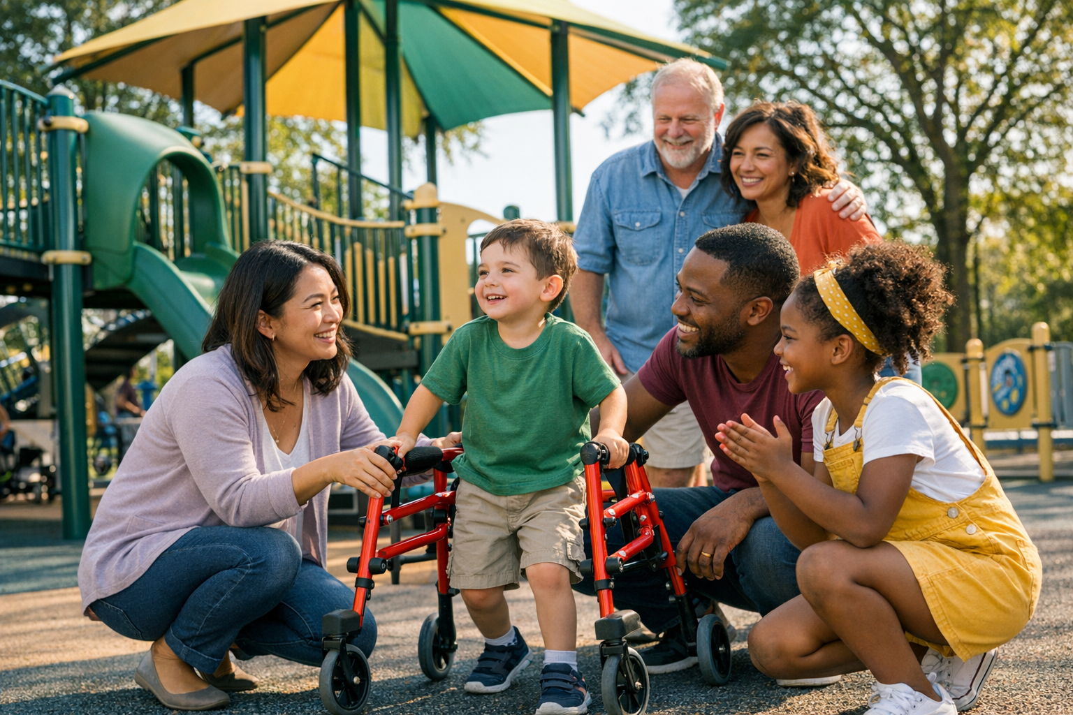 A multigenerational group of people, including children and adults, enjoying time together at a playground outdoors with trees and playground equipment in the background.