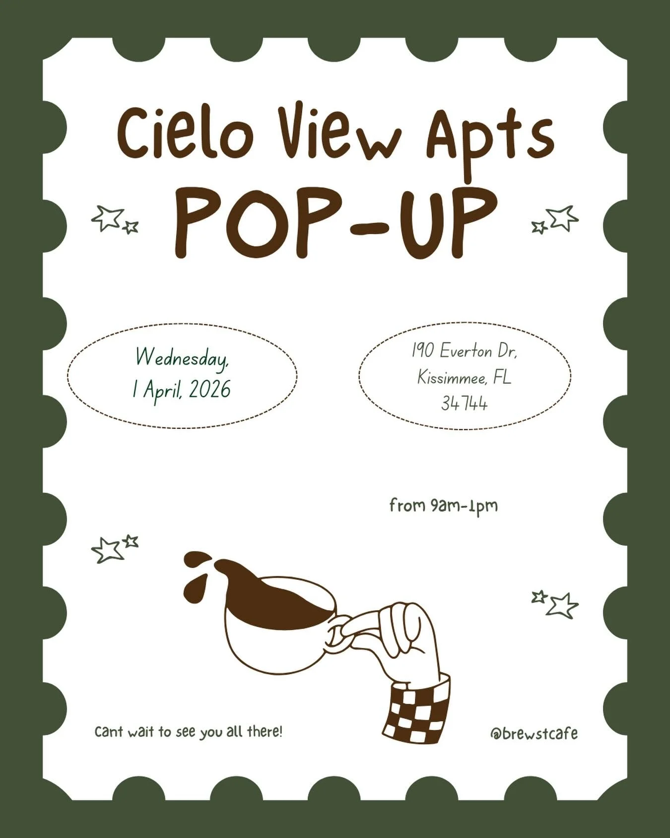 In the St. Cloud / Kissimmee area?  Stop by and grab a coffee with us! ☕️

We&rsquo;ll be at Cielo View Apartments this Wednesday &mdash; we&rsquo;d love to see you.

#StCloudFL #Kissimmee #CoffeeTruck #supportlocal #CoffeeLovers
