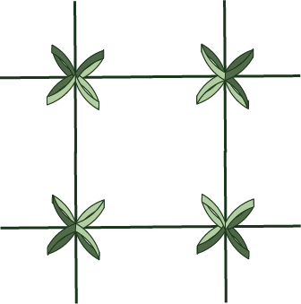 Four pairs of green leaves on a grid of plant stakes.