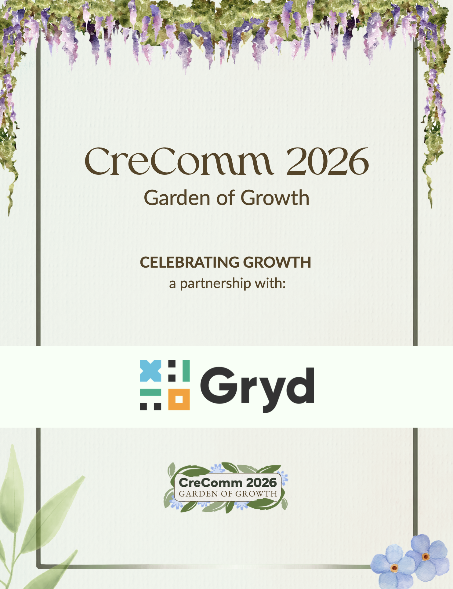 A conference certificate for CreComm 2026 with a floral border at the top, celebrating growth in partnership with Gryd, featuring purple, green, and blue watercolor flowers and leaves.