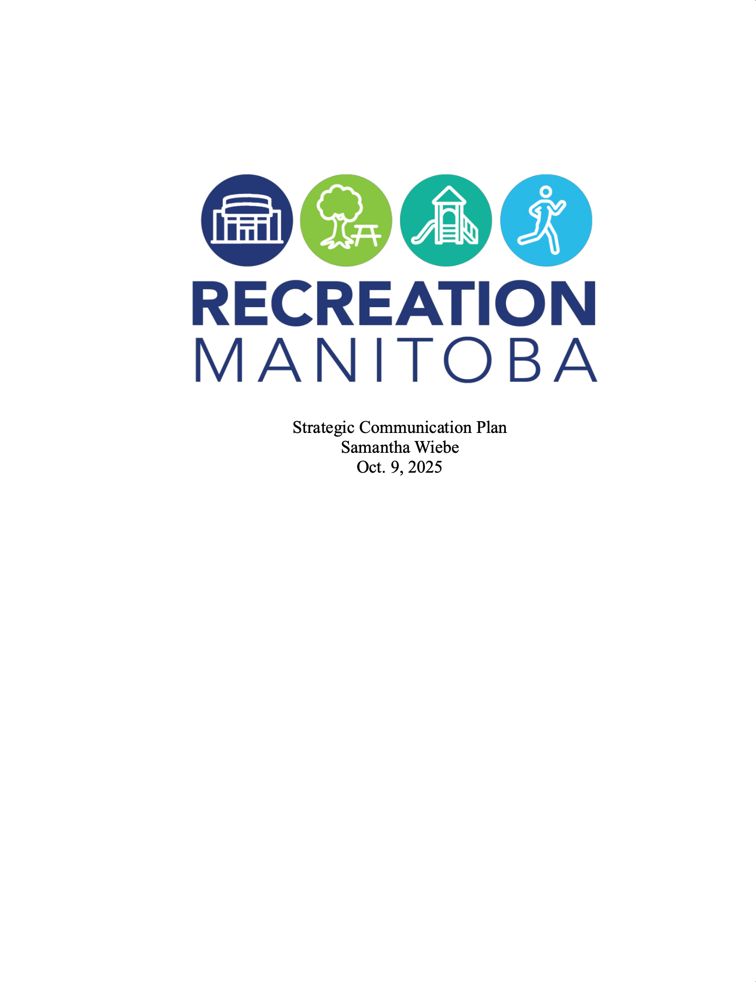 Cover page of a strategic communication plan for Recreation Manitoba, featuring icons of a stadium, a tree with a picnic table, a playground slide, and a person running.