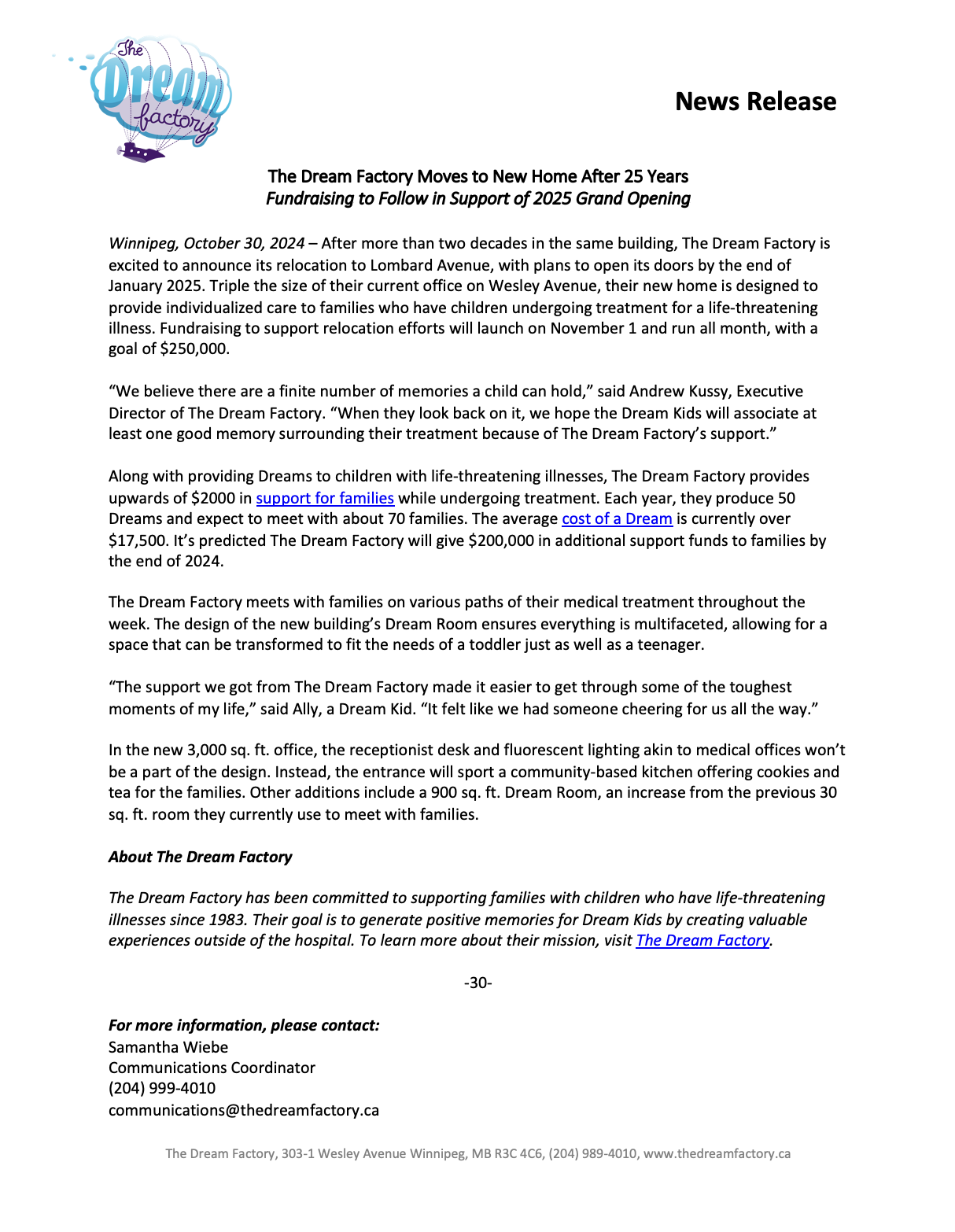 Press release titled 'The Dream Factory Moves to New Home After 25 Years' with logo in the top left corner, detailing the moving process, fundraising goals, support programs, and contact information.