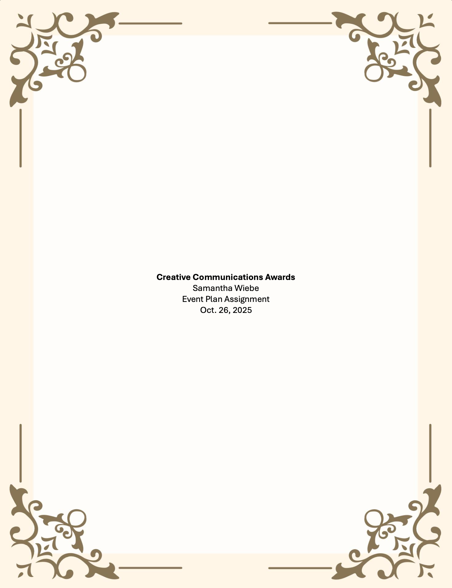A decorated certificate cover page with ornate floral borders at the top left and bottom right corners, containing text.