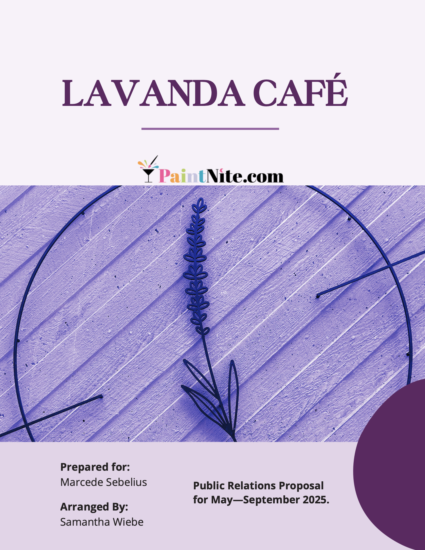 Cover page of a document titled 'Lavanda Café' with a lavender-colored background, a simple lavender sprig illustration, and details about a public relations proposal for May-September 2025.