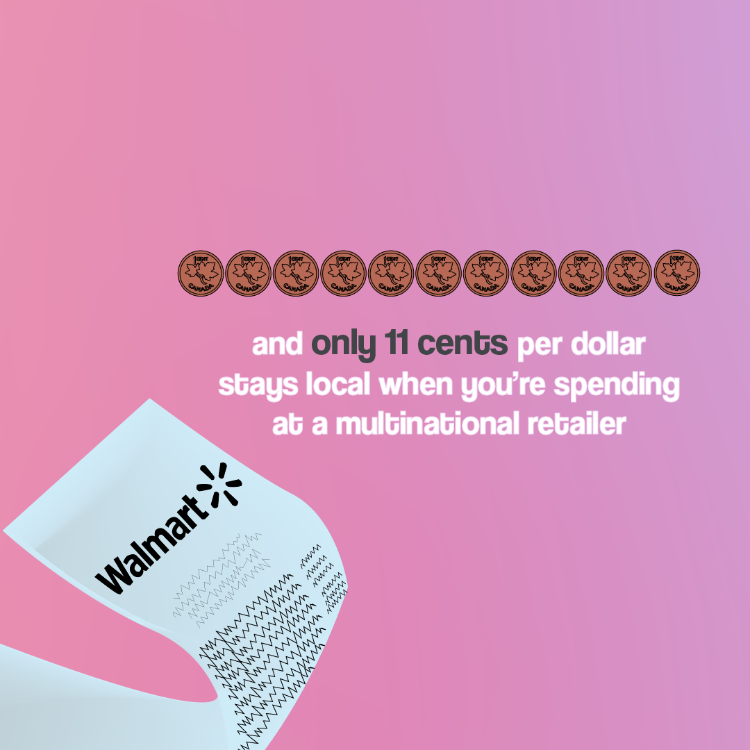 Illustration showing a Walmart shopping receipt with a pink and purple background, along with a row of coins and text about money.