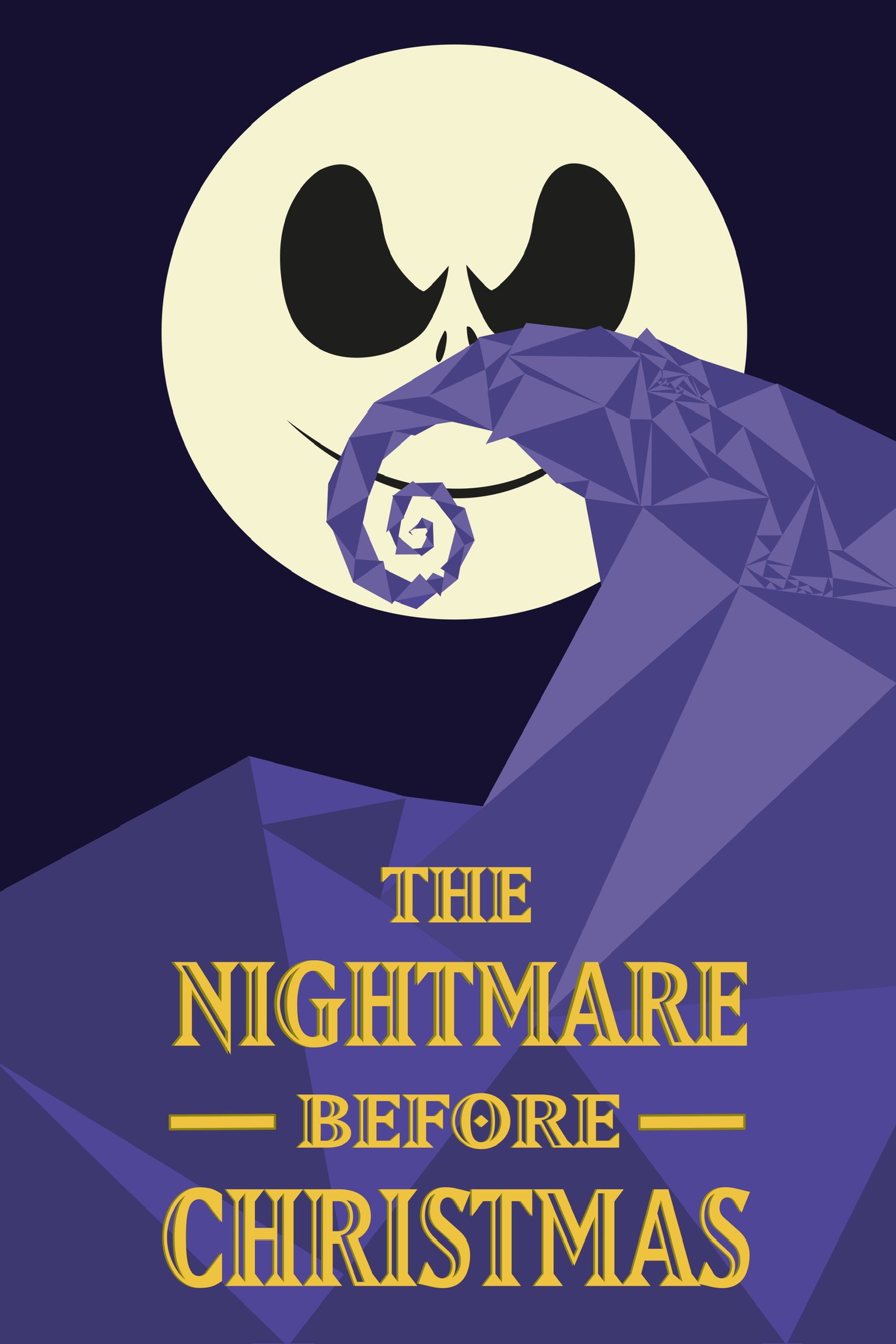Poster of 'The Nightmare Before Christmas' featuring a stylized, geometric depiction of Jack Skellington's face with a large, full moon in the background and a swirling, spiked arm in the foreground. Title in yellow Gothic font.