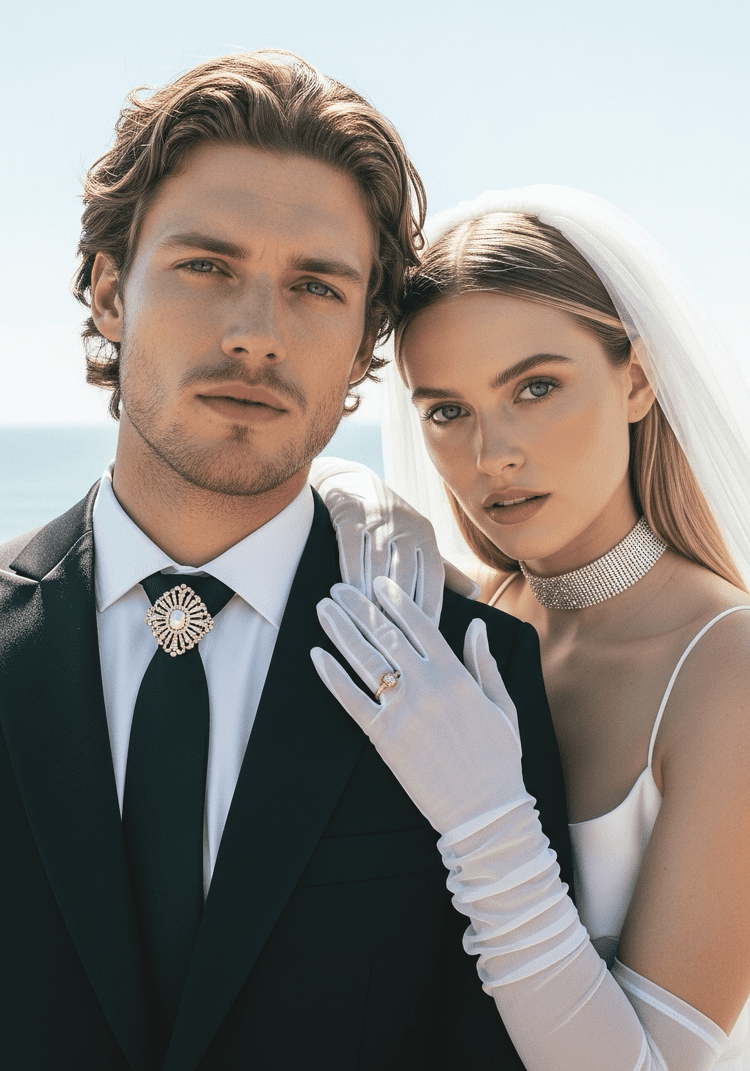 A bride and groom standing close together outdoors, with the ocean in the background. The groom is wearing a black tuxedo with a decorative brooch at his tie, and the bride is wearing a white wedding dress, veil, and choker necklace. The bride's gloved hand rests on the groom's shoulder, showing her wedding ring.