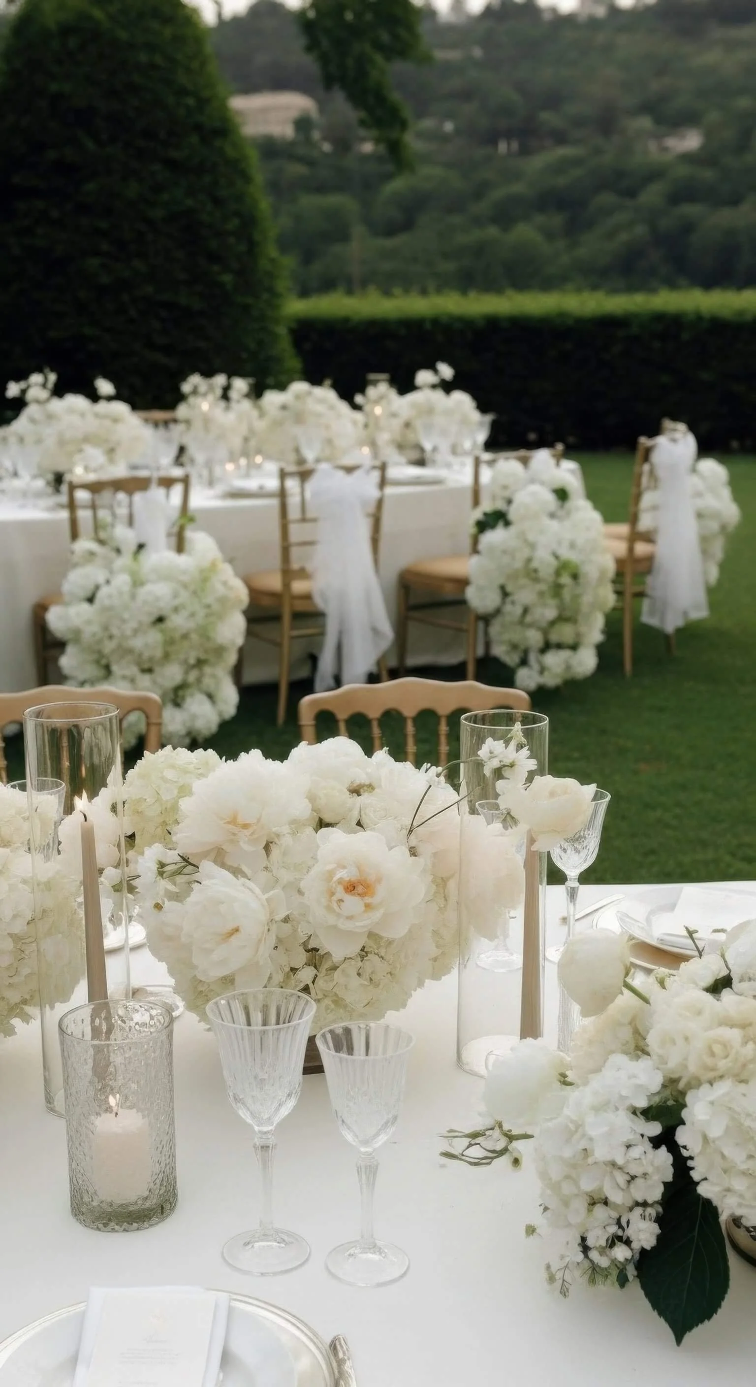Outdoor wedding reception with tables decorated with white floral centerpieces, glassware, and candles, set on a green lawn with lush greenery and trees in the background.