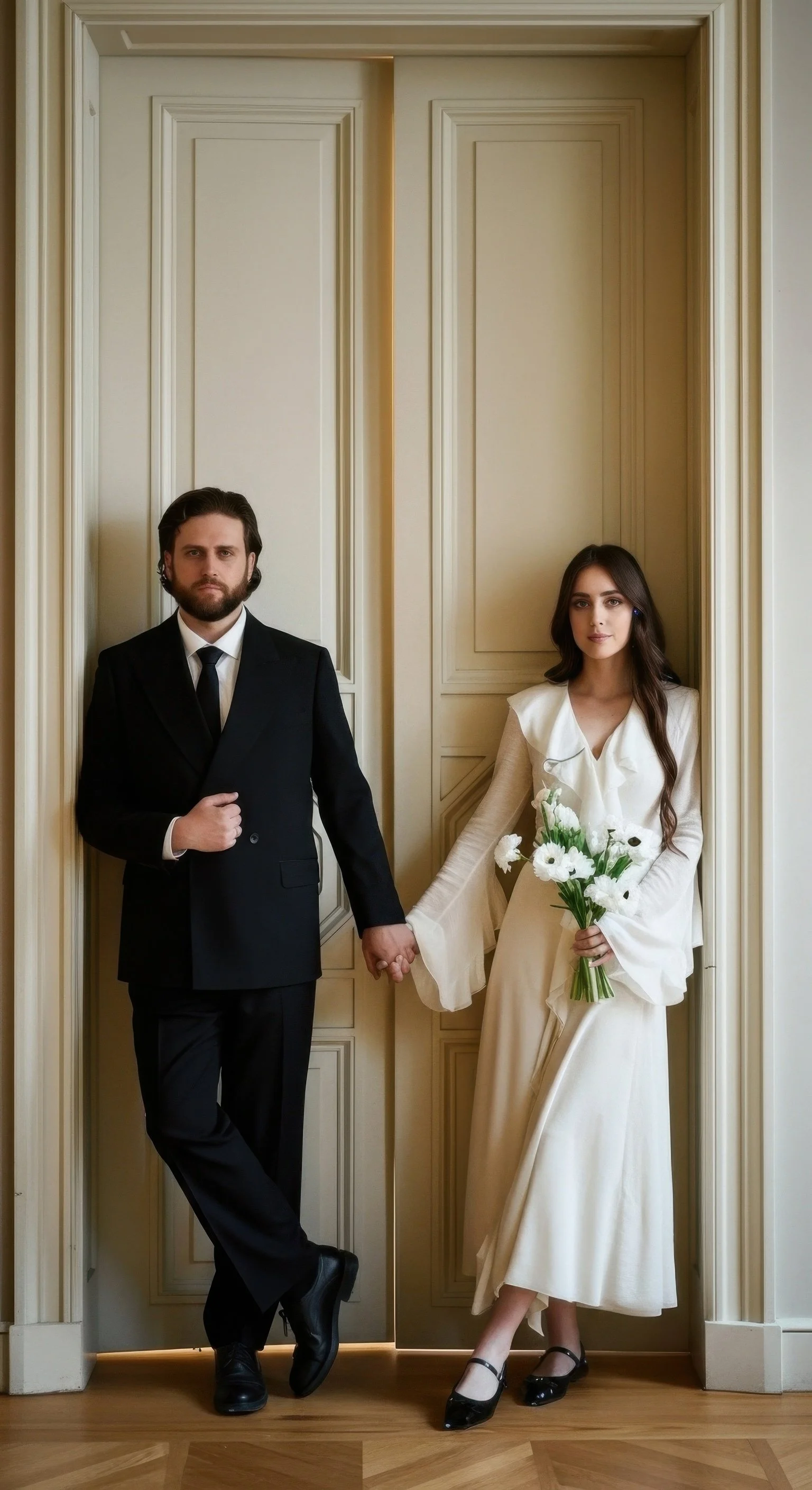 A man and woman dressed in formal attire holding hands in an elevator, with the woman holding a bouquet of white flowers.