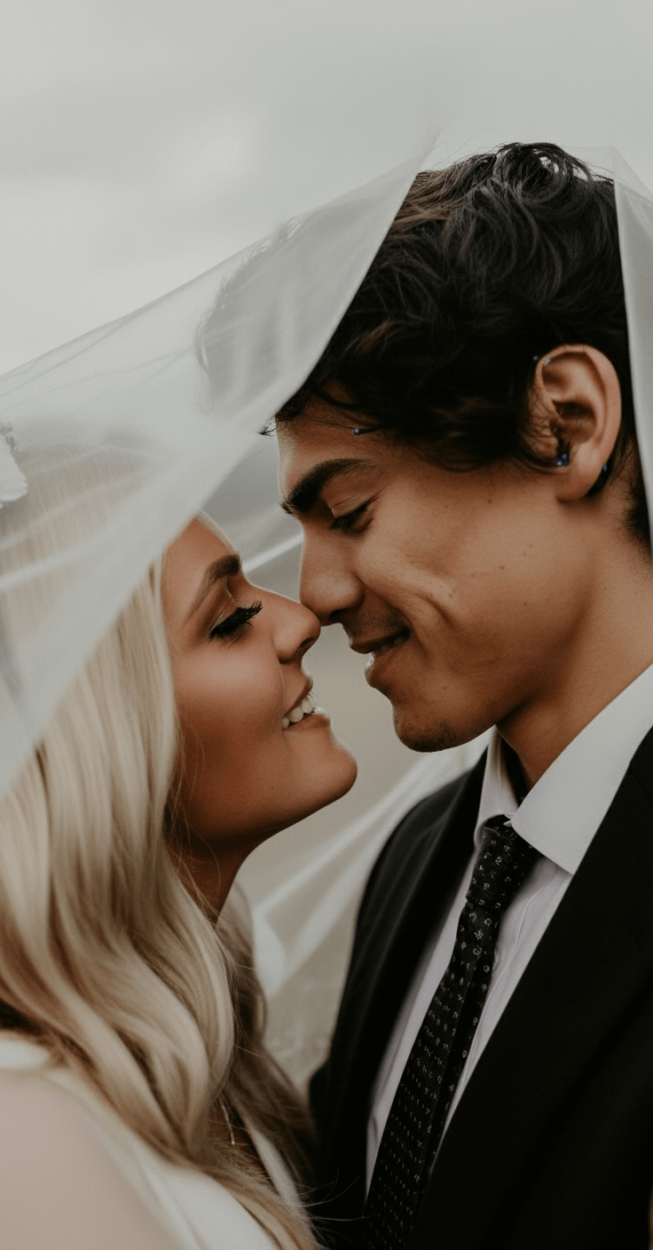 Close-up of a bride and groom with foreheads touching, smiling, beneath a sheer white veil.