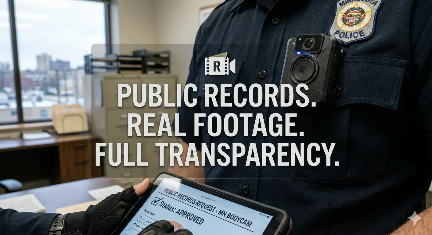 A police officer standing in an office, with a body camera attached to their uniform, and a digital tablet displaying a public records request approval.