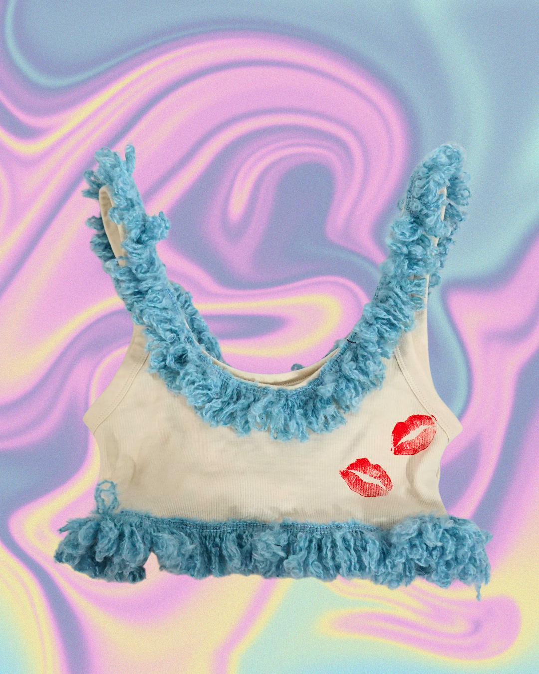 Blue Fluffy Trim Crop Top