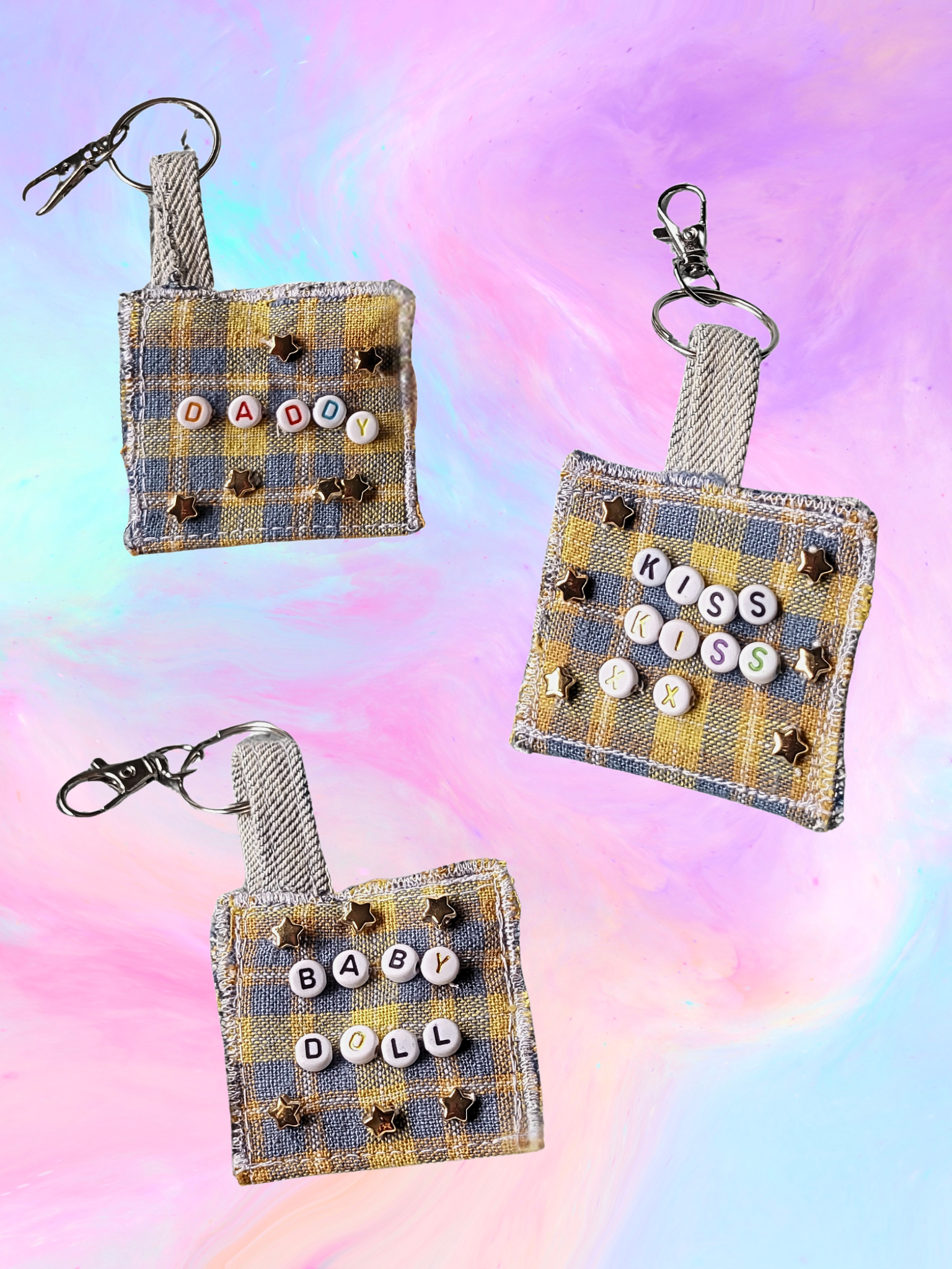 Plaid Keyrings with Letter Beads