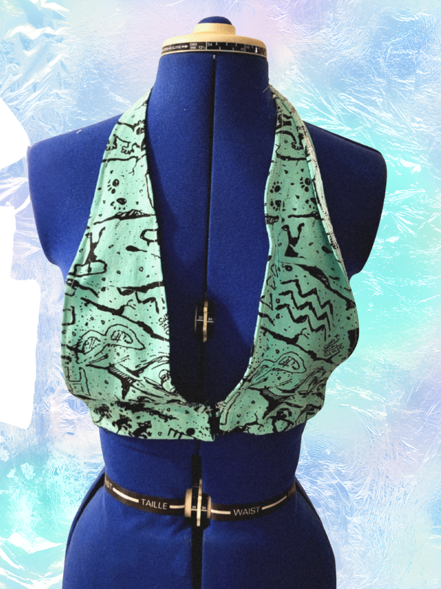 Blue and Black Printed Halter Bra