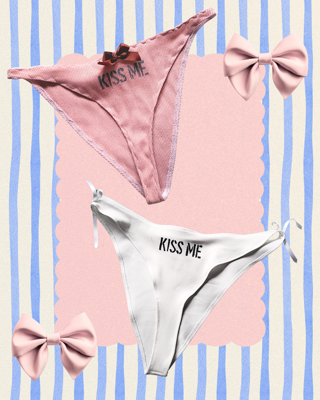 Pink and white panties with 'KISS ME' text and bows, on a pink and blue striped background with pink bows.