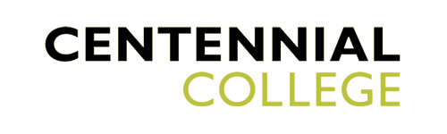 Centennial College logo with the words 'Centennial College' in black and green text