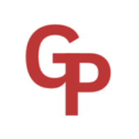 Black silhouette of a person riding a bicycle with the letters 'GP' in large red font above.