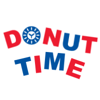 Graphic with text 'DONUT TIME' in red and blue letters, with a clock replacing the 'O' in 'DONUT'.
