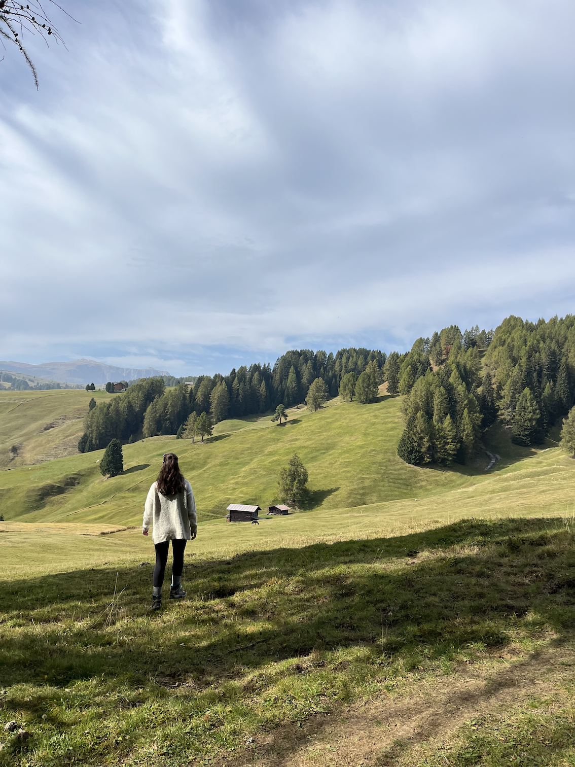 A woman walking through a green, hilly landscape with trees and a cloudy sky overhead.