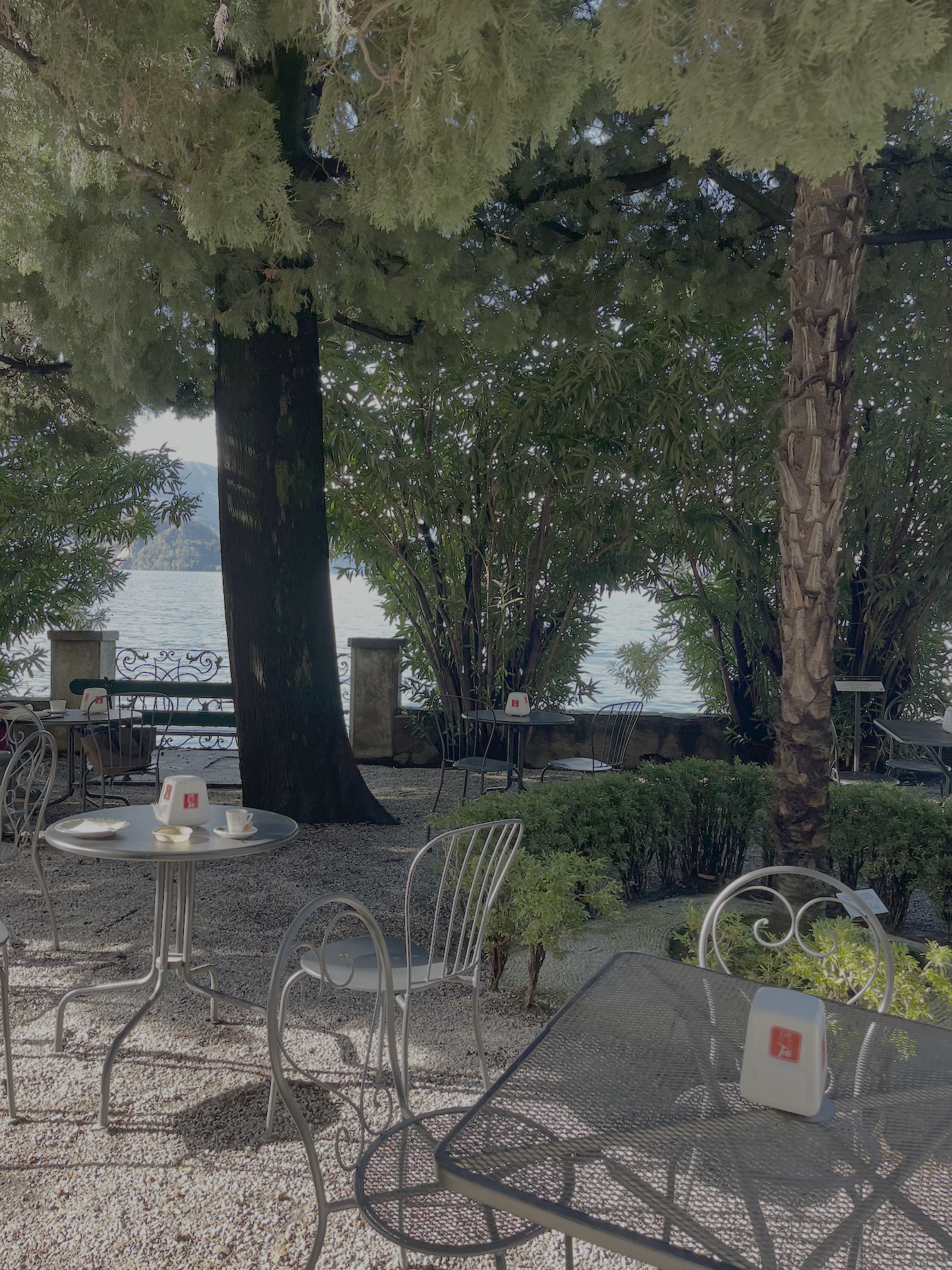 An outdoor cafe scene with metal chairs and tables, some with white table lamps, surrounded by trees and bushes, overlooking a body of water.
