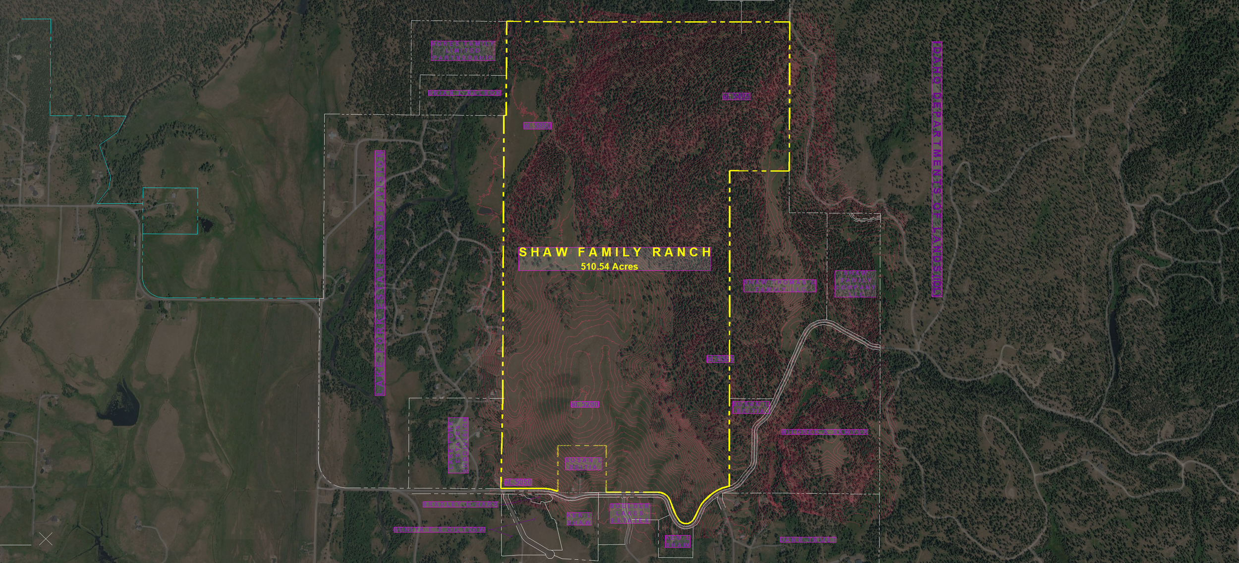 Map showing terrain with overlayed property boundaries, roads, and labels. Highlighted area in yellow titled 'Shaw Family Ranch 510.54 Acres'.