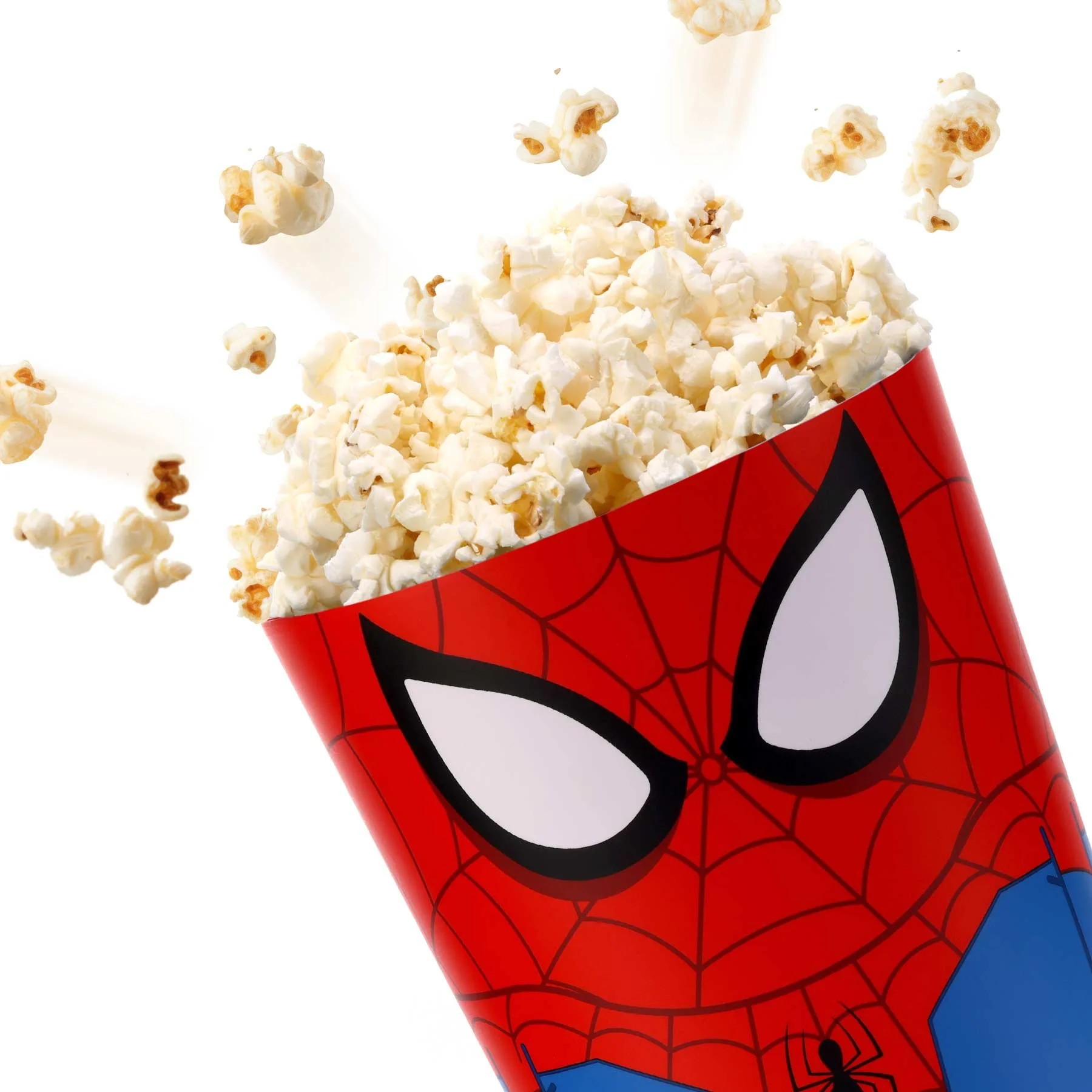 Close-up of a red popcorn bucket with Spider-Man face logo, filled with popcorn, some popping out.