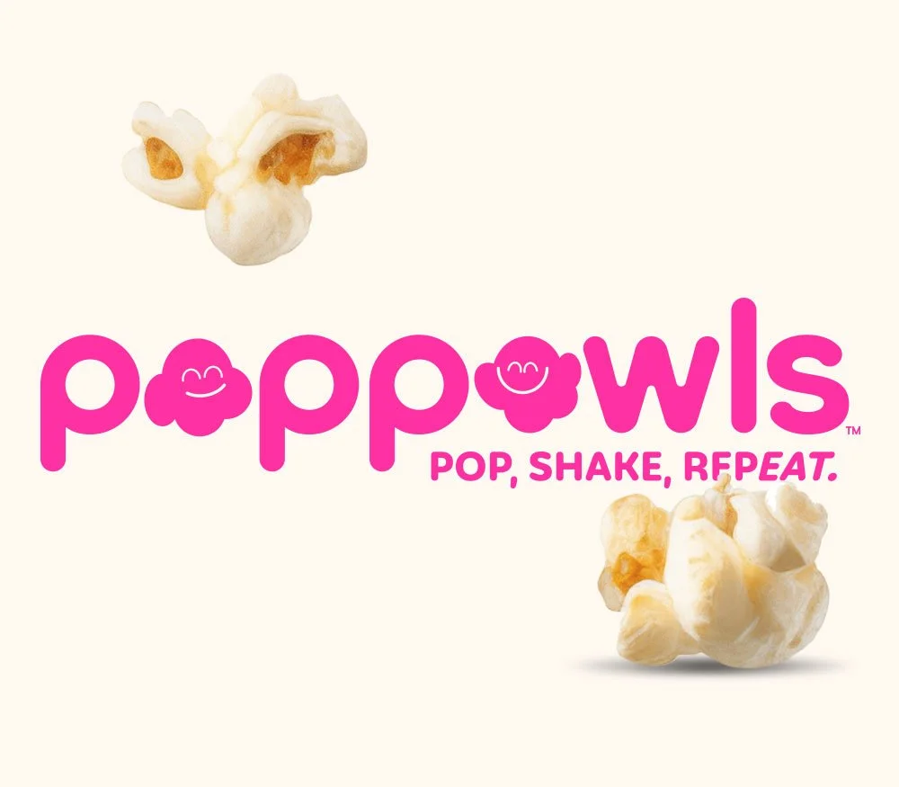 Logo for Poppowl featuring pink text and smiling popcorn kernels, with two pieces of popcorn above and below the text, and the slogan 'Pop, Shake, Repeat'.