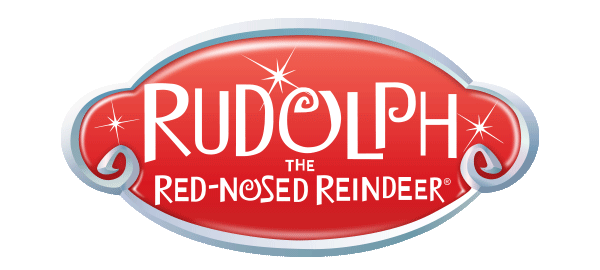 Logo for Rudolph the Red-Nosed Reindeer with red oval background, white and silver border, and white text with sparkling star accents