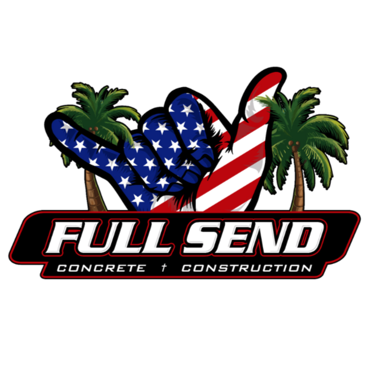 Logo featuring a patriotic hand gesture with an American flag pattern and two palm trees, with the text "Full Send" and "Concrete + Construction" underneath.