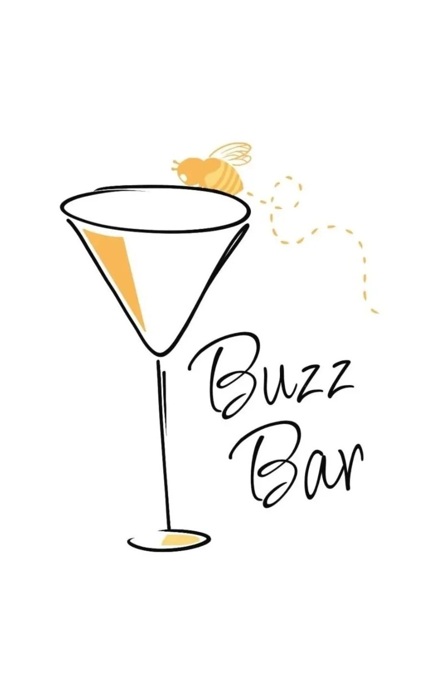 A minimalist illustration of a martini glass with a honey bee flying above and the words "Buzz Bar" written next to it.