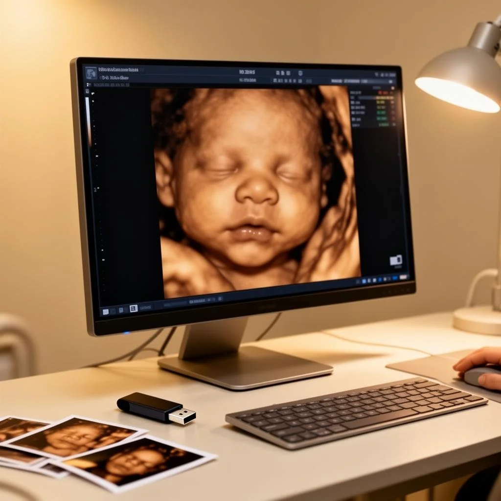 A computer monitor displaying a 3D ultrasound scan of a baby.