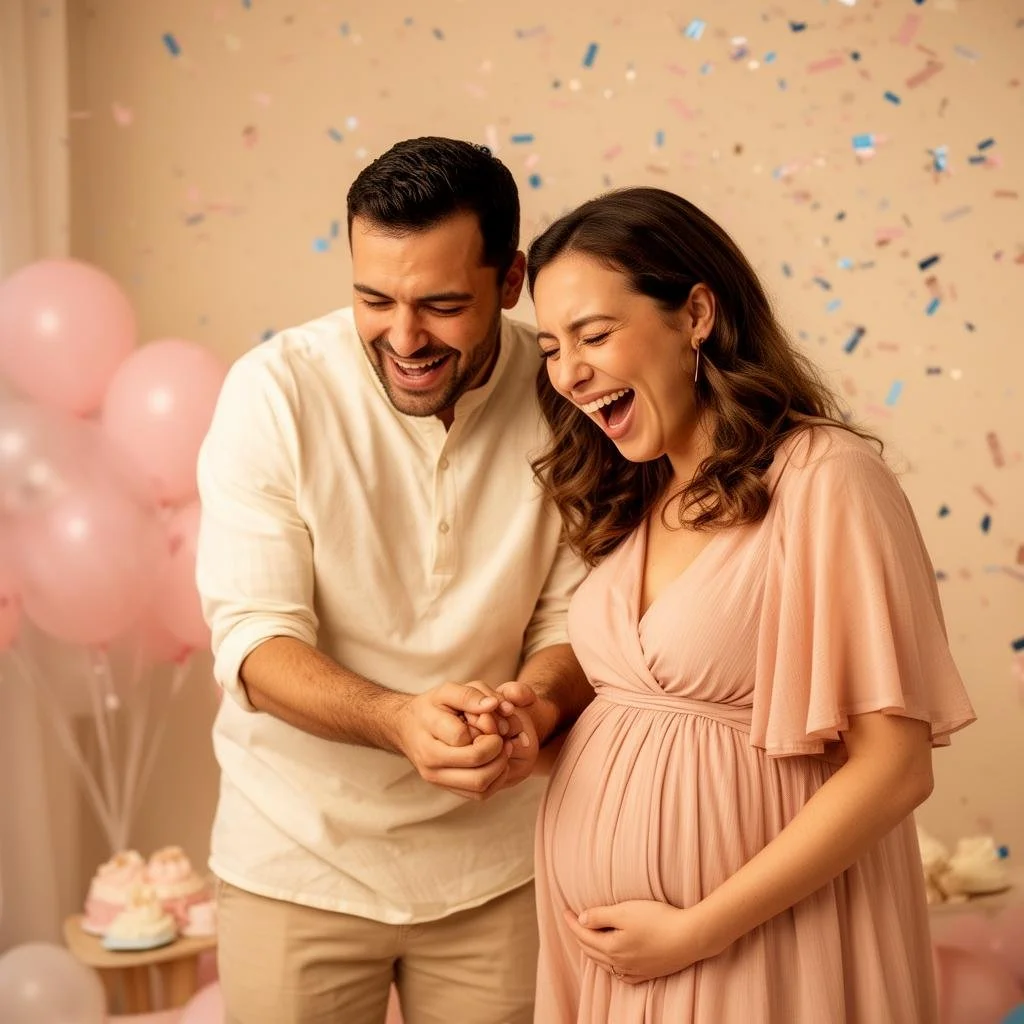 A joyful couple celebrating a baby shower, with the woman in a pink dress holding her pregnant belly and the man holding her hand, both laughing, surrounded by pink balloons and confetti.