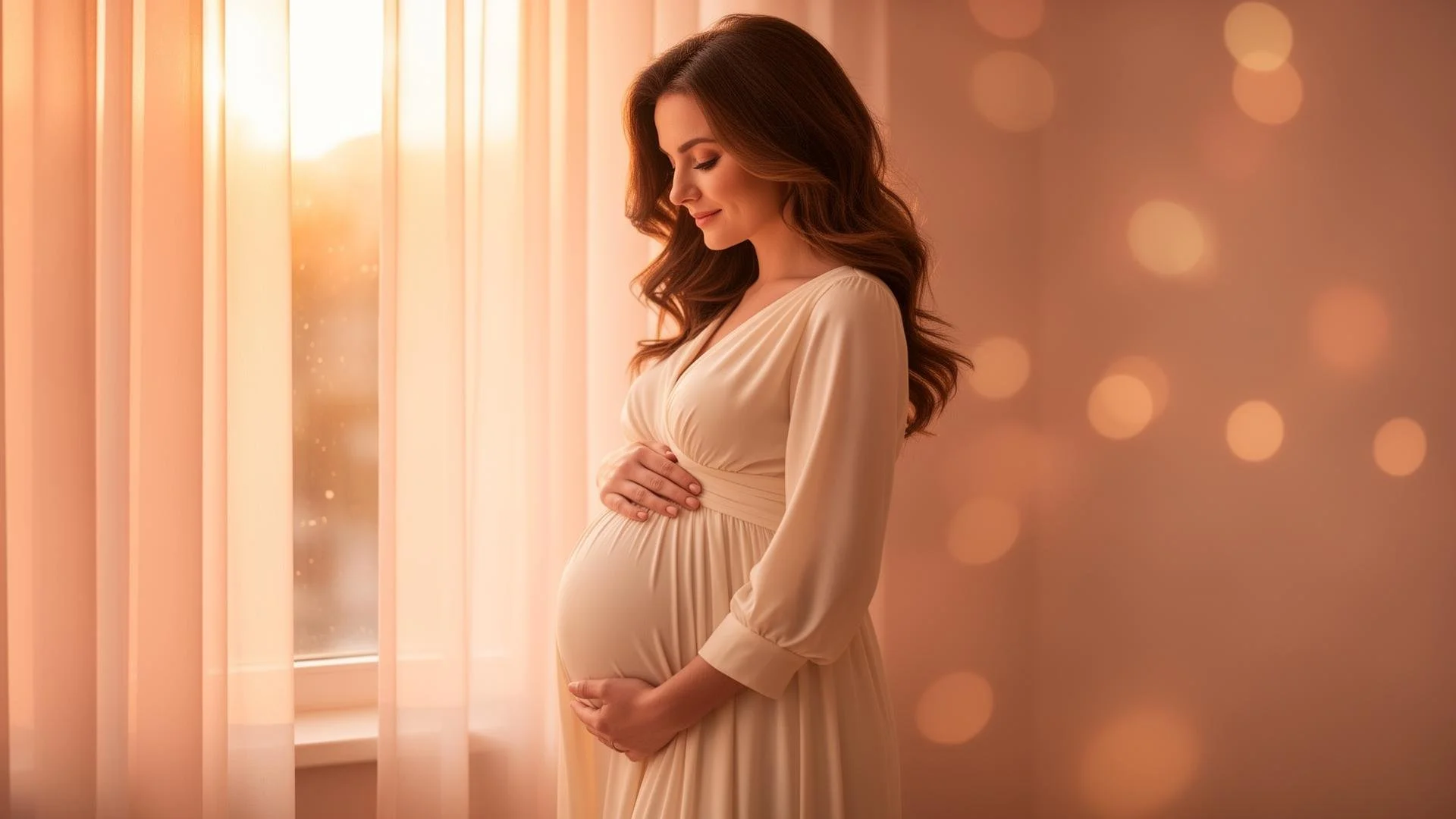A pregnant woman standing in front of a window with light pink curtains, gently holding her baby bump with both hands, wearing a cream-colored dress, with soft glowing lights in the background.