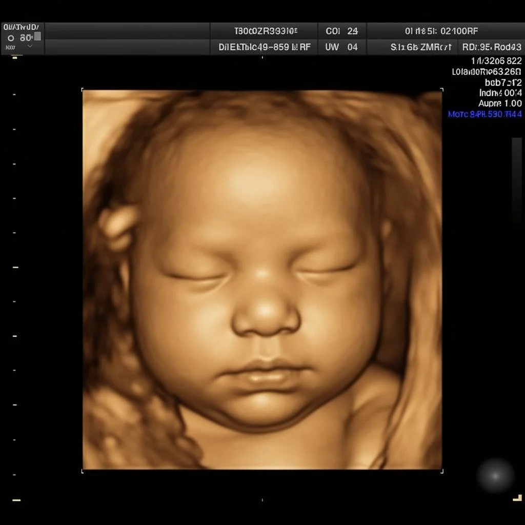 3D ultrasound image of a sleeping baby with closed eyes and full cheeks