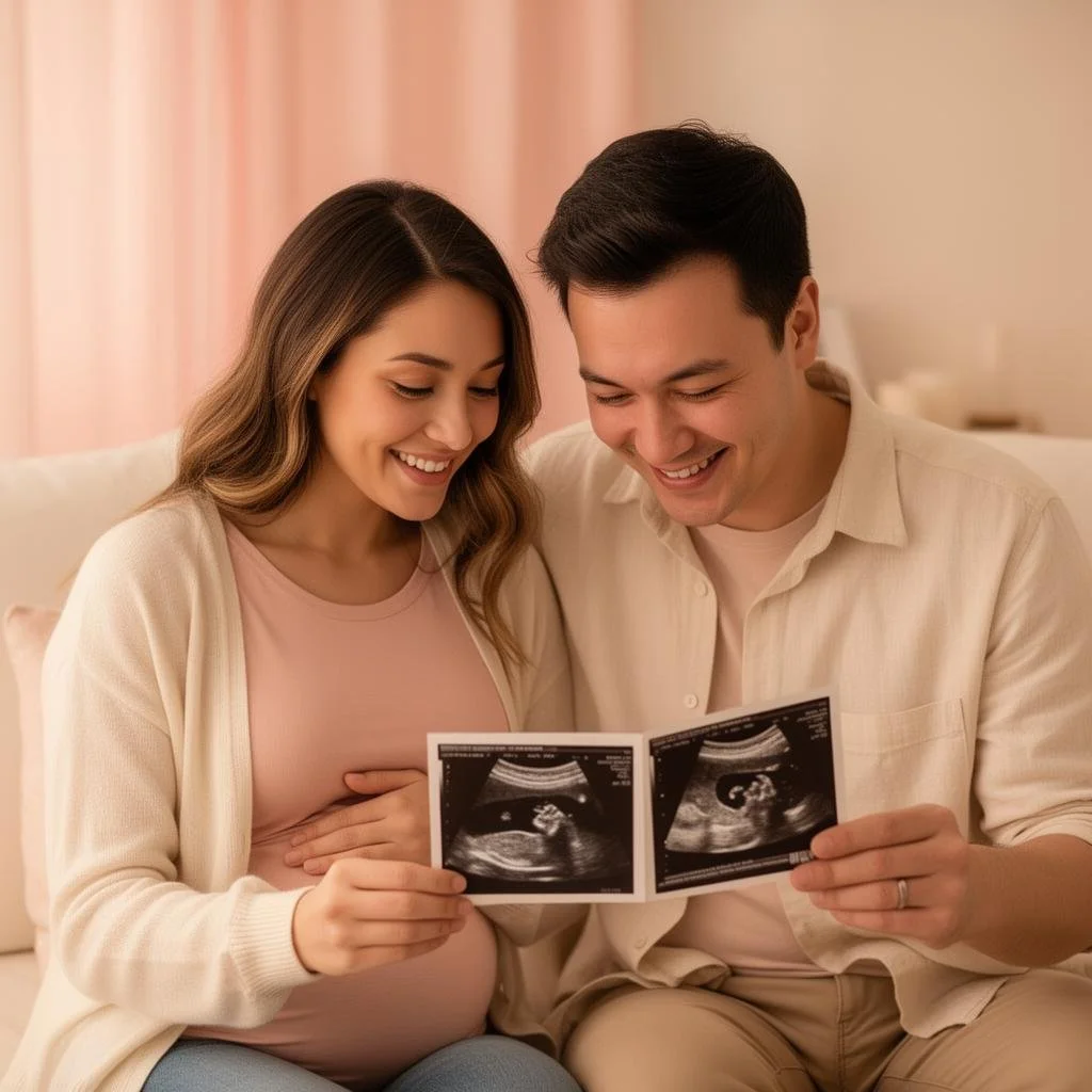 A happy couple sitting on a couch, holding ultrasound images of their unborn baby, smiling and looking at the ultrasound pictures together.
