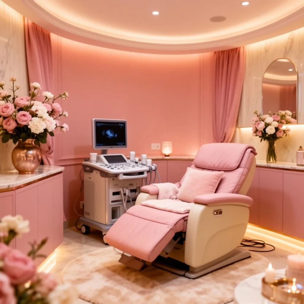 A pink-themed medical examination room with a reclining chair, ultrasound machine, flower arrangements, and soft lighting.