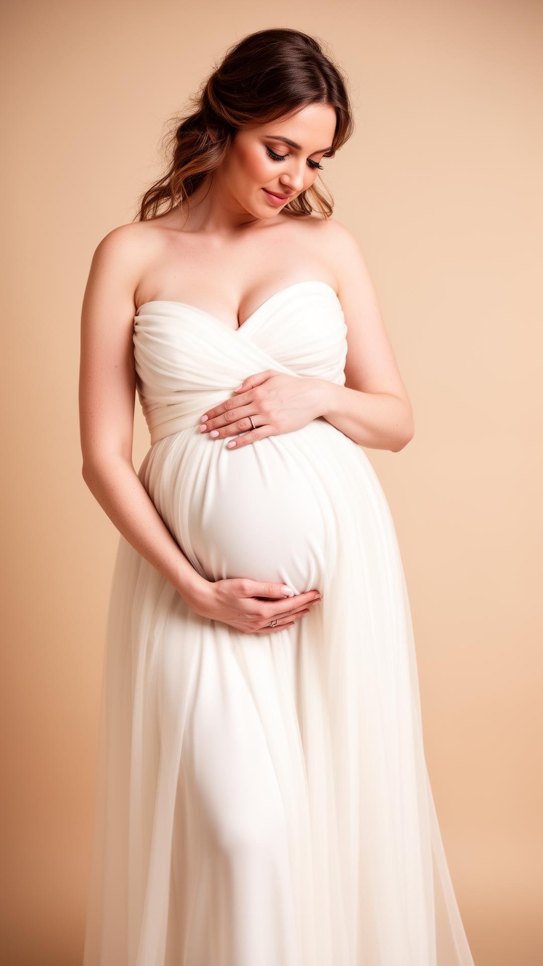 A pregnant woman in a strapless white dress, holding her belly with one hand and smiling softly, against a beige background.