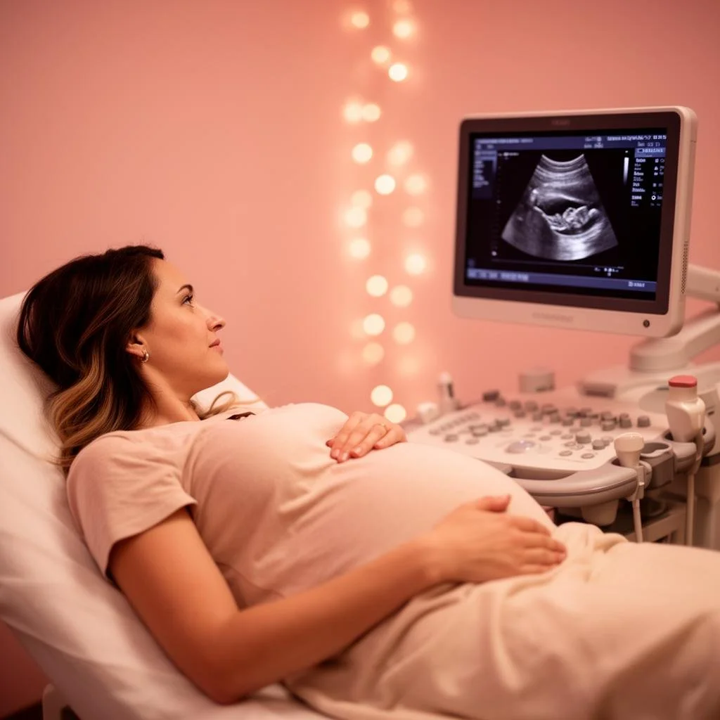 Pregnant woman lying in hospital bed during ultrasound scan, with a monitor displaying the ultrasound image.