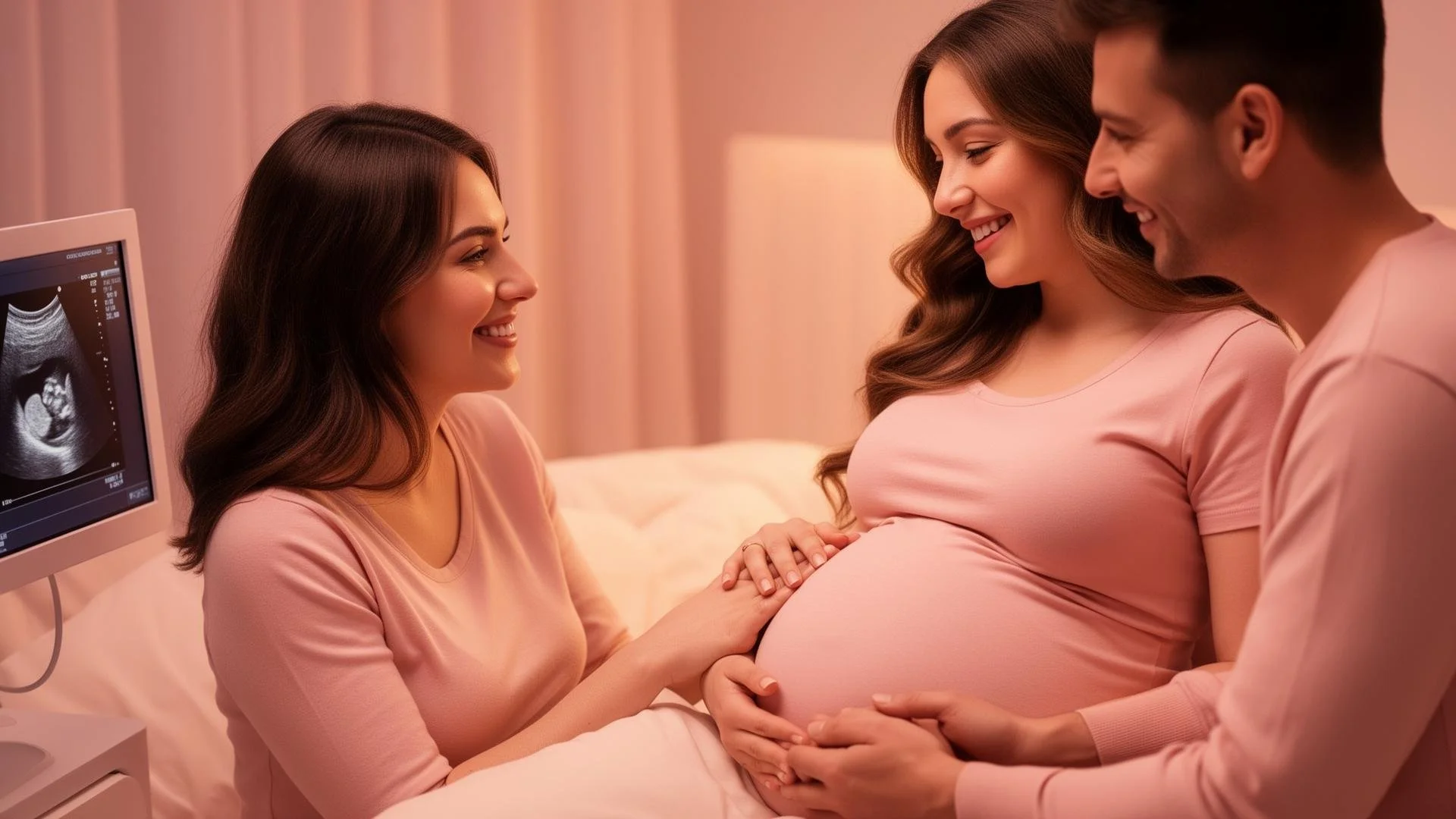 A pregnant woman in pink holding her belly and smiling while sitting between a man and a woman, with an ultrasound image visible on a monitor.
