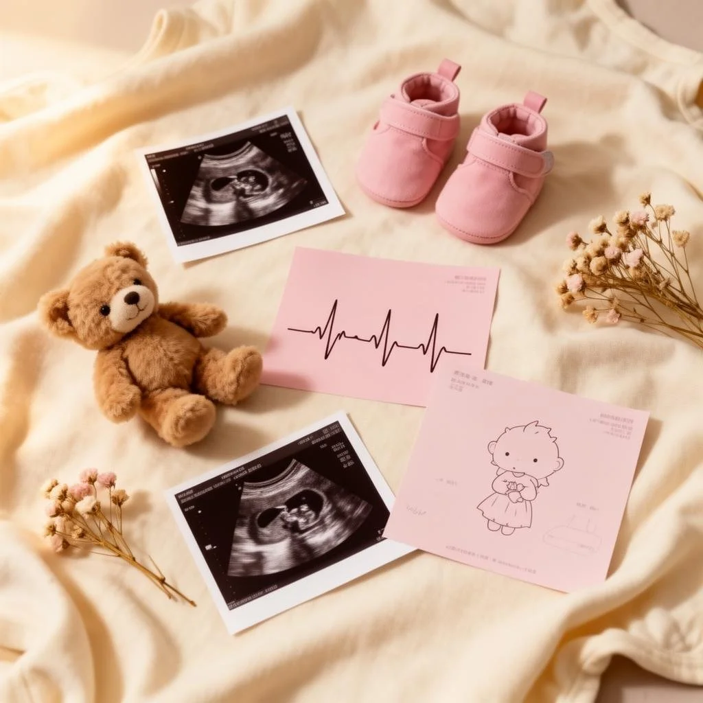 Baby items and ultrasound pictures on a light-colored fabric surface, including a pair of pink baby shoes, a small teddy bear, pink cards with heartbeat and cartoon girl illustrations, and sprigs of small flowers.
